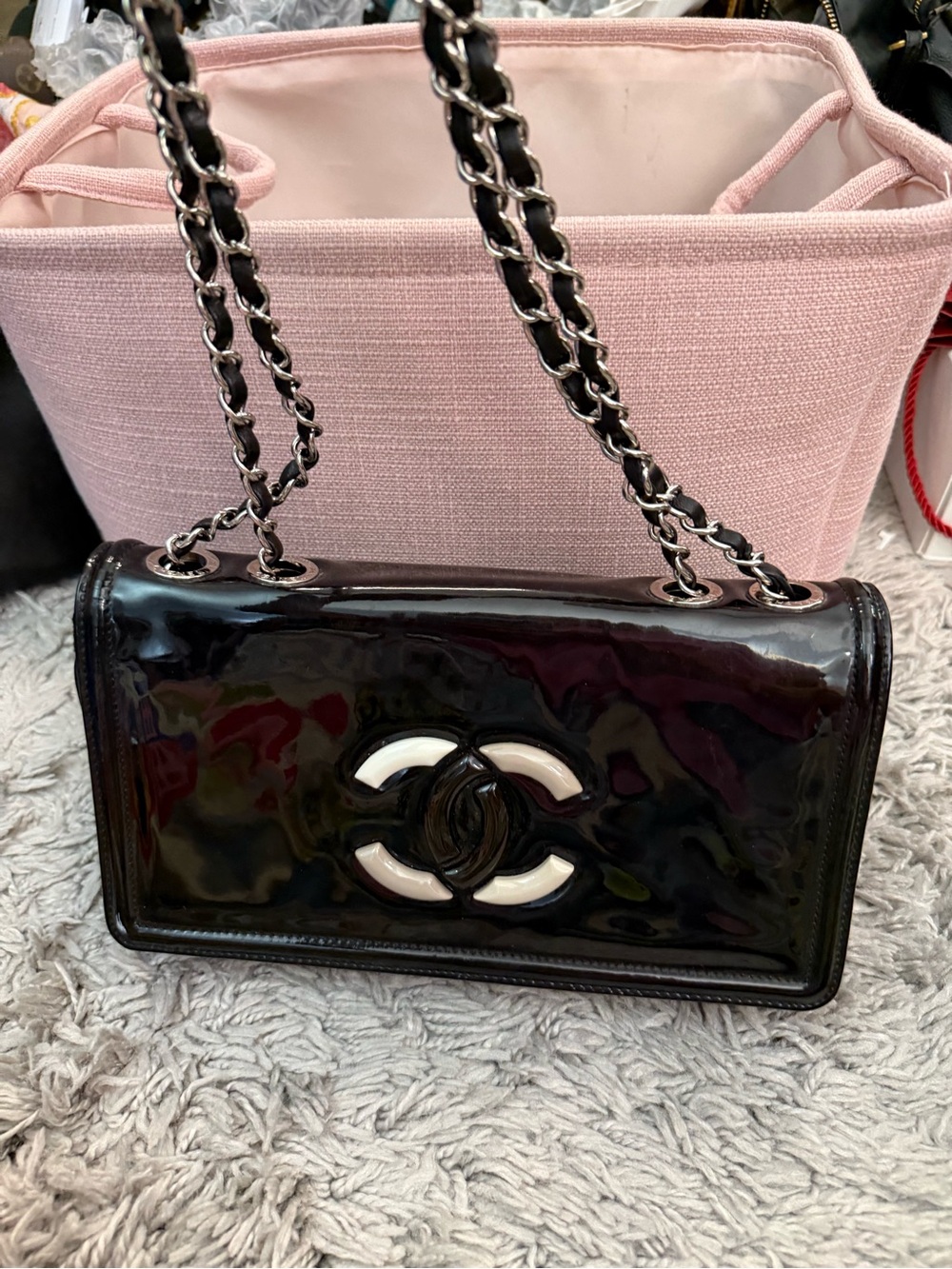 CHANEL Lipstick Black Patent Leather Chain Shoulder Bag with tri-color CC